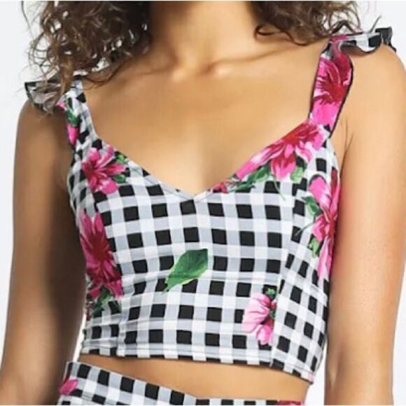 Sans Souci Floral Checker Cropped Top in Black/White/Pink Women’s M - Picture 1 of 5